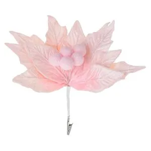 Floare decorativa de Craciun, 26 cm, roz cu glitter si clips