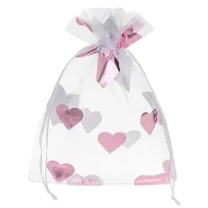 Saculet Organza Alb cu Inimi Roz pentru Ambalare Cadouri