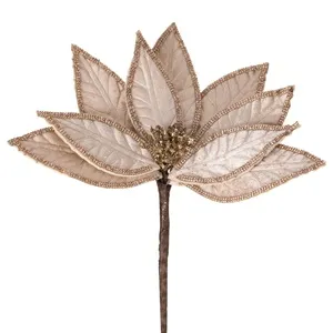 Floare decorativă de Crăciun bej catifelată cu margini roz aurii și glitter