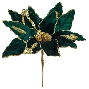 Floare Decorativă de Crăciun Verde Catifelată cu Glitter Sampaniu 36cm