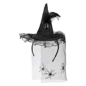 Coroniță de Halloween cu Pălărie de Vrăjitoare, Neagră, cu Voal și Păianjeni – poza 2