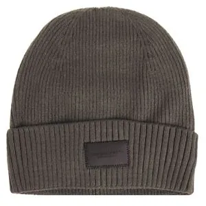 Căciulă tricotată taupe pentru bărbați cu căptușeală fleece și patch PU