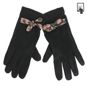 Manusi de iarna pentru femei, cu fundita leopard si varfuri pentru ecrane tactile, negre - 1 pereche