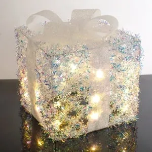 Cadou Decorativ Alb cu Beteală Holografică și 25 de Becuri LED