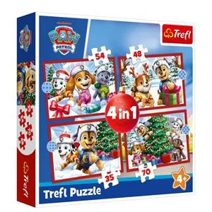 Set Puzzle 4 in 1 de Craciun cu Personaje Paw Patrol, 35+48+54+70 Piese, Multicolor