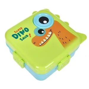 Caserolă cu 5 compartimente, 1100 ml, Verde, cu Lingură și Recipient pentru Sos, Model Dinozaur