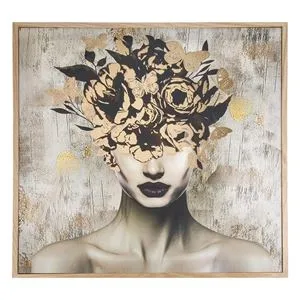 Tablou in ulei, Femeie cu flori si fluturi, Rama din plastic cu aspect de lemn, 60x60x2,5 cm, Negru si auriu