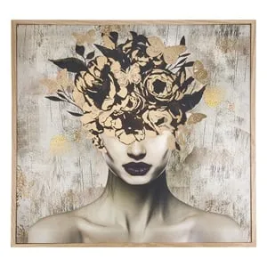 Tablou decorativ cu femeie, flori și fluturi aurii, 60x60 cm – poza 2