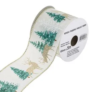 Panglica decorativa de Craciun cu brazi si reni, ecru cu glitter, 5m x 65mm