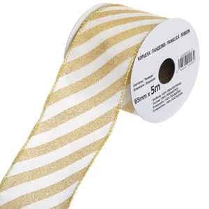 Panglică decorativă pentru brad de Crăciun, ecru cu sclipici șampanie, dungi, 5m x 65mm