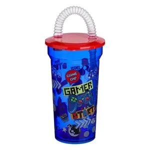 Pahar din plastic cu pai si capac, 400 ml, albastru, design gaming