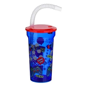 Pahar din plastic albastru cu pai și model gaming 400 ml – poza 4
