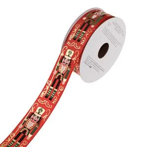 Panglică decorativă pentru brad de Crăciun, roșie, cu model soldat de lemn, 5m x 25mm