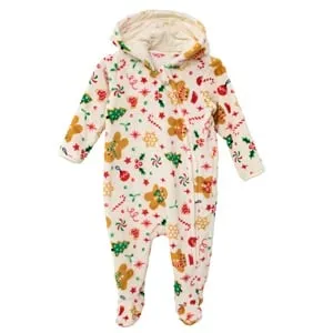 Salopeta de Craciun Fleece Ecru cu Model Figurine Mos Craciun & Gluga pentru Bebelusi