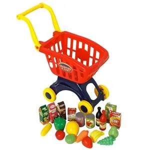 Carucior de supermarket cu alimente, Set 20 buc, Rosu/Albastru/Galben