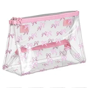 Portfard transparent roz cu fundite și 3 compartimente 24x10x17cm