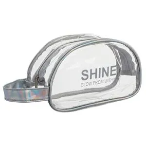 Portfard Transparent cu Margine Argintie Holografica si Maner Shine 20x9x12cm