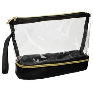 Portfard transparent cu maner, dublu compartiment, 25x8x17cm, negru si transparent