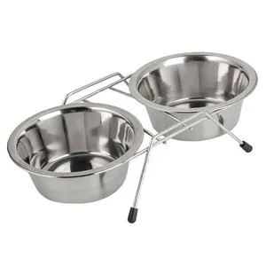 Suport dublu cu boluri din inox pentru câini, set 2x400 ml, argintiu
