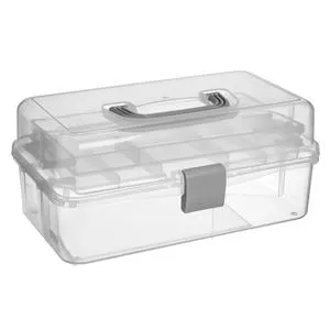 Valiză organizatoare din plastic transparent cu 3 nivele și mâner integrat