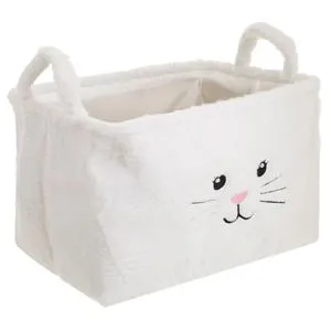 Cos de depozitare textil cu blana artificiala alba, model pisica, 36x26x24cm