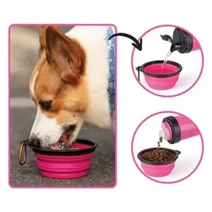 Sticlă de apă portabilă și bol de hrană pentru câini, 300 ml, fucsia – poza 2