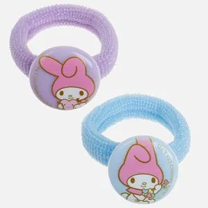 Elastice de par pentru copii, frotte, lila si bleu, cu glitter si element rotund My Melody – 2 bucati
