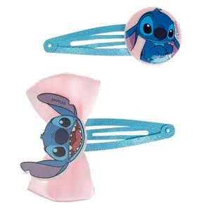 Agrafe de păr copii Stitch bleu glitter fundă roz, model 6 cm