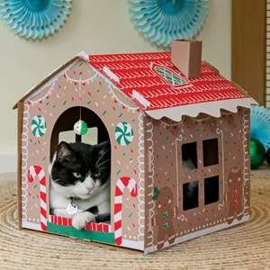 Casa de Zgariat pentru Pisici cu Design Casa de Turta Dulce, 49x47x40 cm, Maro – poza 4
