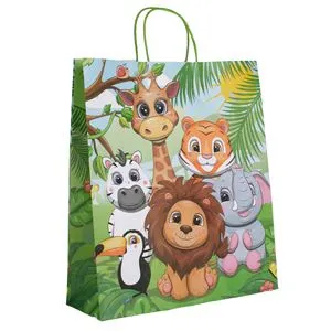 Sacouă cadou din hârtie kraft verde cu model animale din junglă, 36x12x41cm