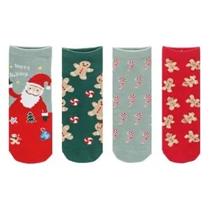 Sosete scurte pentru femei cu modele festive de Craciun roșii și verzi