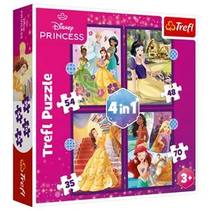 Puzzle 4 in 1 cu prințese Disney, 4 seturi (35, 48, 54, 70 piese), carton, roz