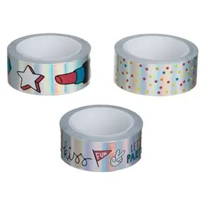 Benzi adezive washi tape argintii holografice cu modele, 5m x 1,5cm, 3 buc