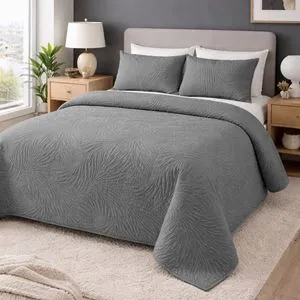 Cuvertură gri cu două fete cu model frunze 160x230cm