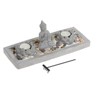 Set Decorativ cu Baza din Ciment, Figurina Buddha si Lumanari Pastila, 30x12cm – poza 3
