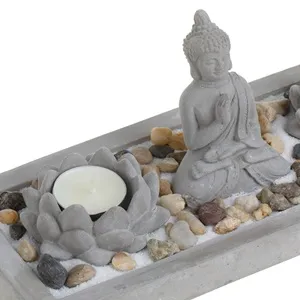 Set Decorativ cu Baza din Ciment, Figurina Buddha si Lumanari Pastila, 30x12cm – poza 4
