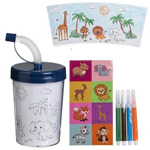 Pahar cu perete dublu pentru colorat, Tema Animale din Jungla, Set complet cu markere și autocolante