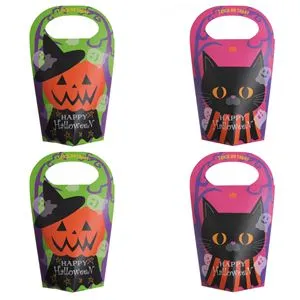 Set 4 Cutii pentru Dulciuri cu Model Dovleci și Pisici de Halloween, 6,5x6,5x16 cm, Multicolore