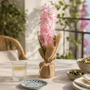 Ghiveci cu Zambilă Roz Artificială, 32 cm, Îmbrăcat în Iută – poza 2