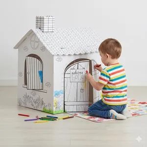 Casuta 3D din carton pentru colorat, cu 5 markere si decoratiuni, 53x43x69cm