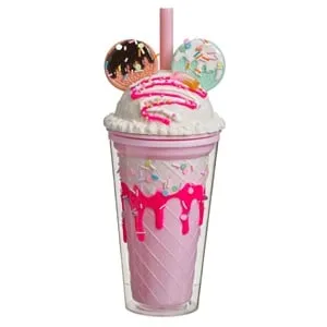 Pahar din Plastic cu Capac și Pai, Model Granita și Biscuiți, 450ml, Roz – poza 2