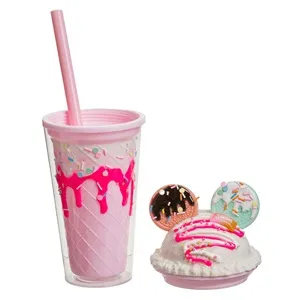 Pahar din Plastic cu Capac și Pai, Model Granita și Biscuiți, 450ml, Roz – poza 3