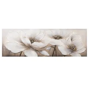 Tablou decorativ cu flori albe, pictură în ulei și detalii cu glitter auriu, 90x – poza 2
