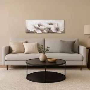 Tablou decorativ cu flori albe, pictură în ulei și detalii cu glitter auriu, 90x – poza 3