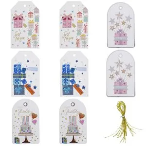 Etichete suspendabile pentru cadouri, albe, 4 modele cu folie si siret auriu, 6x10 cm, 12 buc