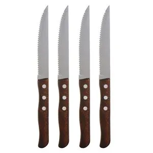 Cuțite de masă cu lamă zimțată din inox și mâner din lemn, set 4 buc, 22,5 cm