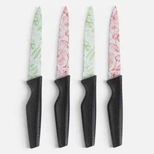 Set 4 Cuțite de Masă cu Lamă Zimțată și Model Decorativ, Mâner Negru