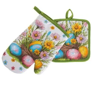 Manușă și Șervețel de Bucătărie cu Model de Paști, Set 2 buc, Alb