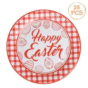 Farfurii de Petrecere din Carton, Model Carouri Alb-Rosii, Happy Easter, Ø23cm, 25 buc