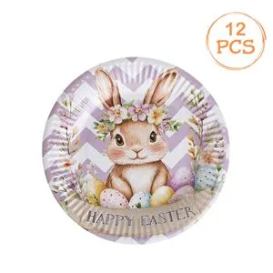 Farfurii de Petrecere din Carton, Set 12 buc, Alb si Lila, Model Iepure si Oua, Ø18cm